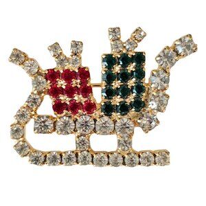 Santa's Sleigh Brooch Vintage Green Red Rhinestone Pin